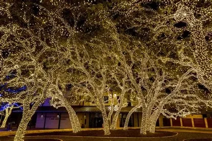 Couple kissing under thousands of twinkling Christmas lights in downtown Fredericksburg, Texas — a magical holiday moment in the Hill Country