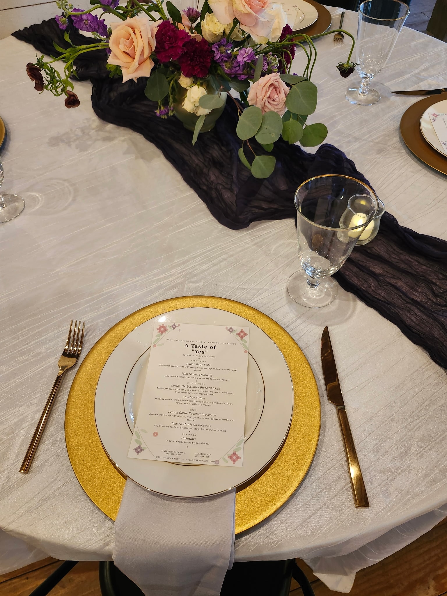 Beautifully styled wedding table setting at the First Date After the Ring experience at Willow Sky Ranch — florals, fine china, and candlelight near Fredericksburg, TX