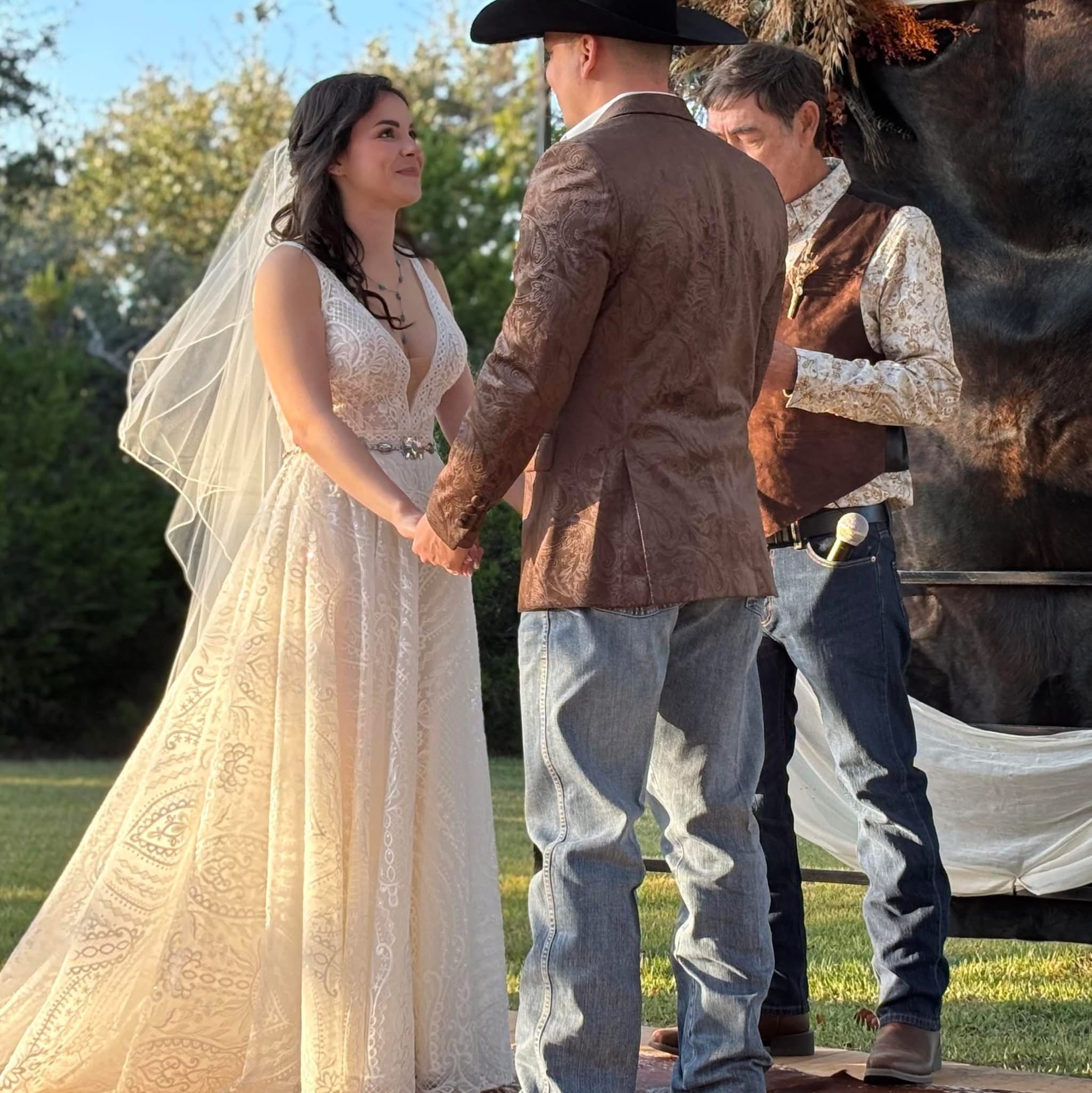 Olivia and Marcus exchanging vows at Willow Sky Ranch, Hill Country wedding venue near Fredericksburg TX — near Austin and San Antonio